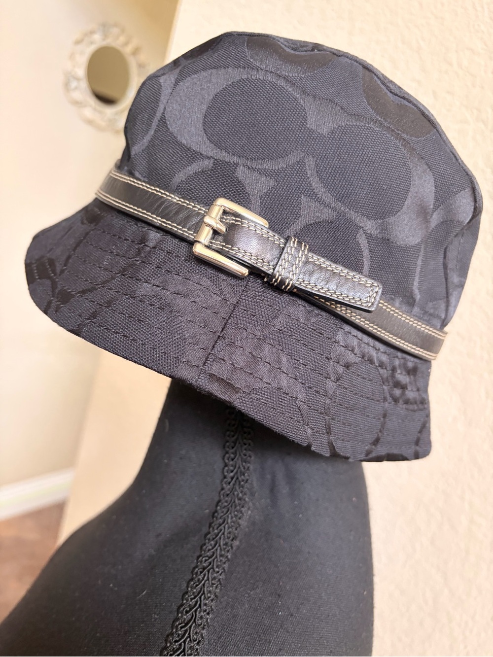 Coach Black Signature Jacquard Bucket Hat with Buckle Band Accent